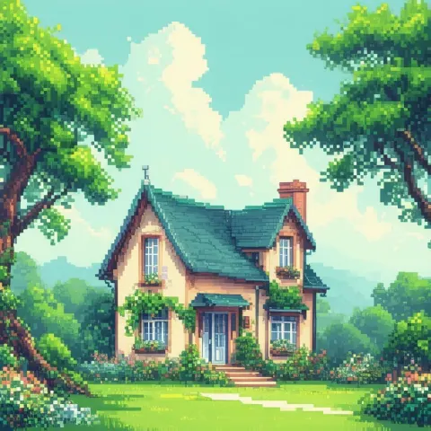 Tranquil Pixel House in a Verdant Garden