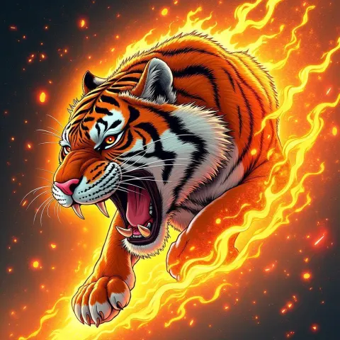 Celestial Tiger Blazing in Fiery Manga Energy