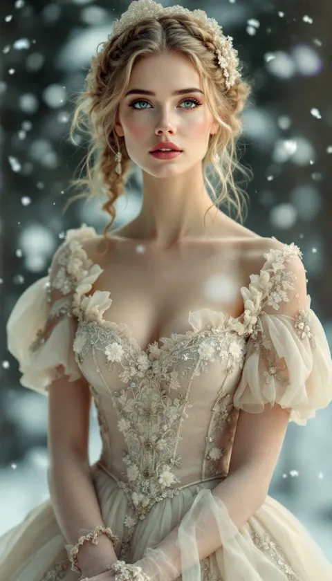 Victorian Woman Parasol Snowfall Portrait