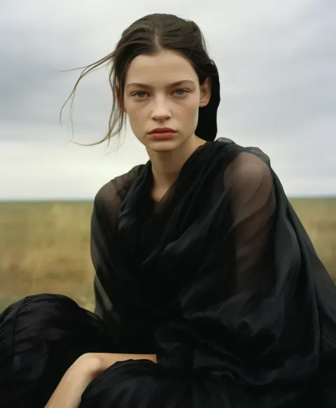 Woman Black Gown Green Field