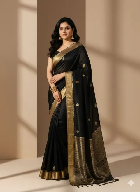 Woman Black Saree Gold Border
