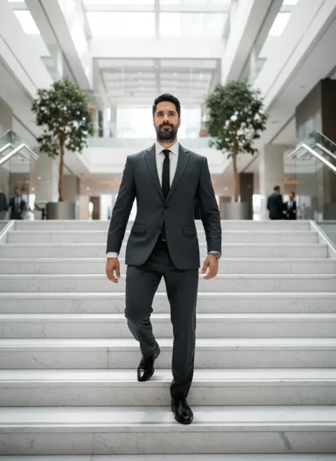 Man Gray Suit Marble Stairs