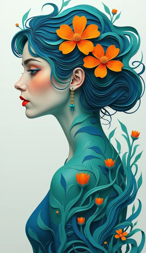 Woman Profile Teal Hair Flowers