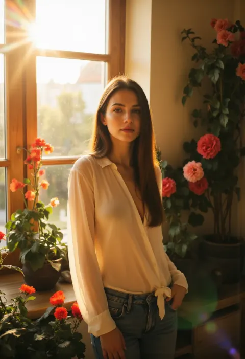 Flower Window Contemplative Portrait