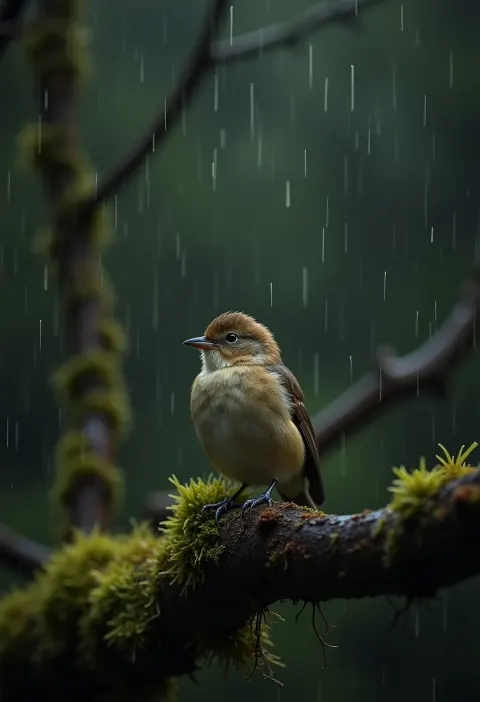 Bird Branch Rain Moss Forest