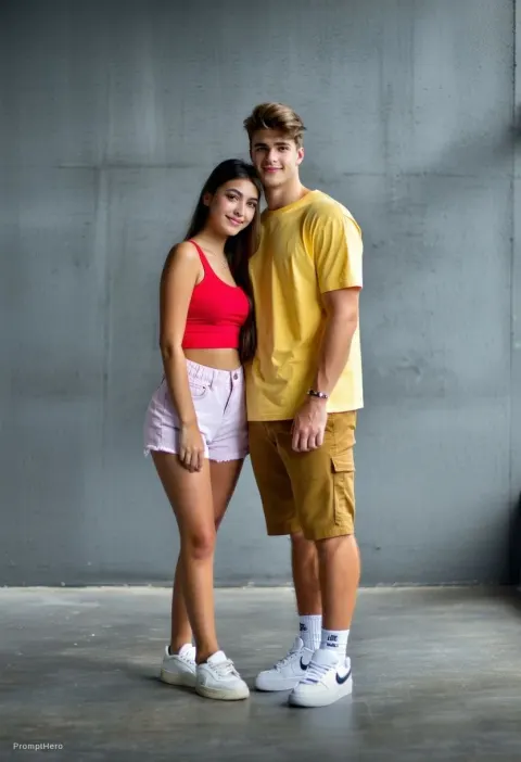 Couple Standing Red Yellow Casual