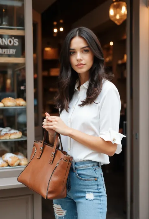 Woman Bakery Leather Handbag Portrait