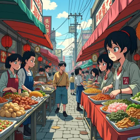 Bustling Manga Street Market in Bold Lines