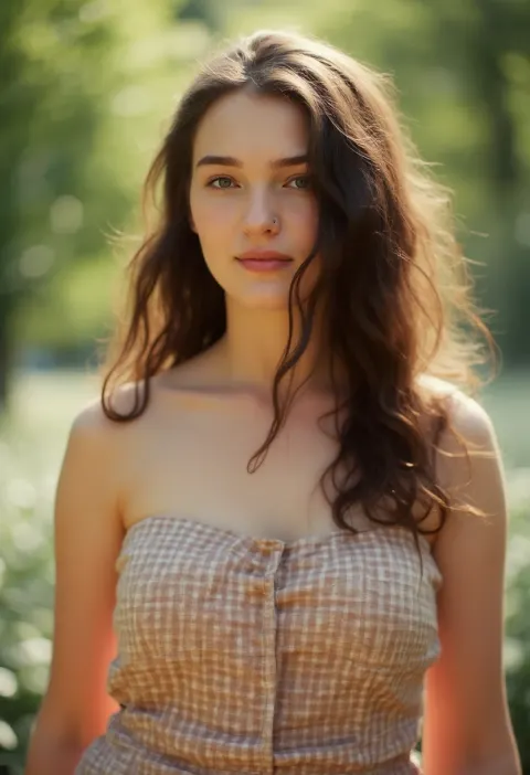 Woman Strapless Dress Park Golden Hour