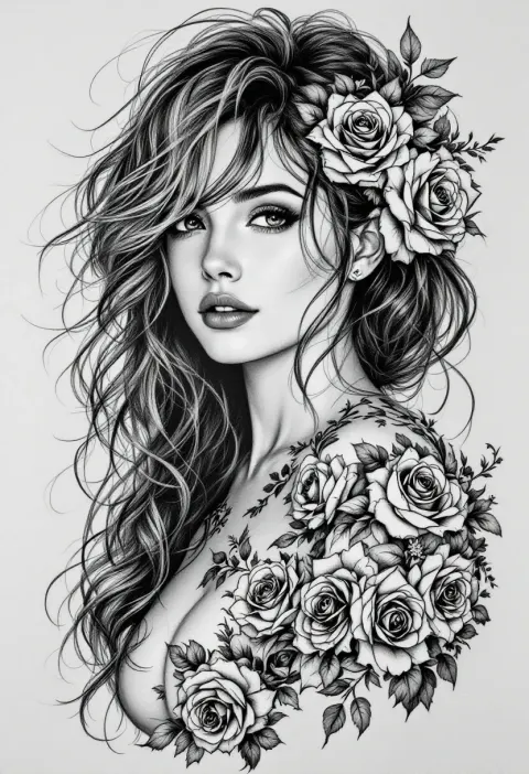Woman Pencil Drawing Roses Tattoos