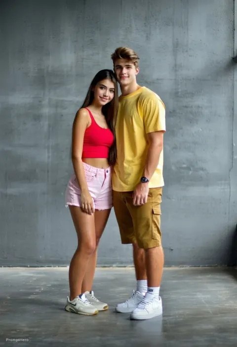 Couple Standing Red Yellow Casual