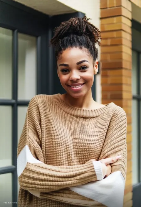 Woman Tan Sweater Building Smile