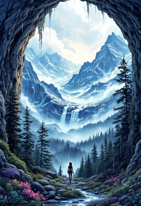 Female Traveler Rain Thunder Mountains