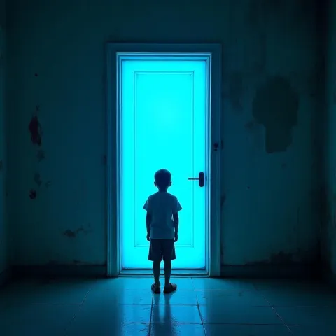 Boy Facing the Mysterious Glowing Blue Door