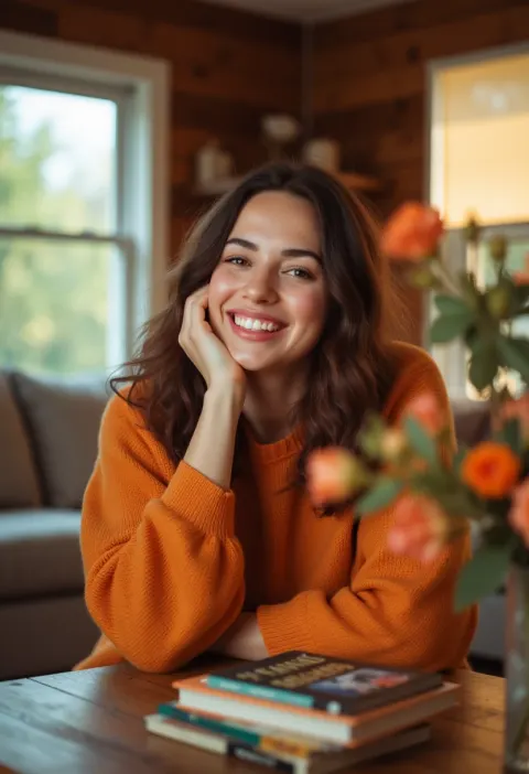 Woman Orange Sweater Rustic