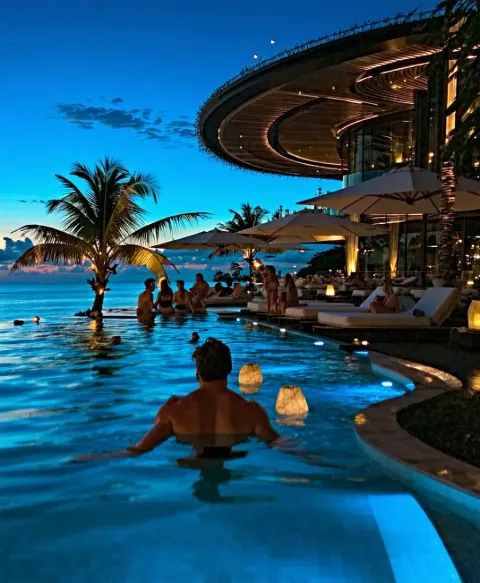 Infinity Pool Sunset Luxury Lights