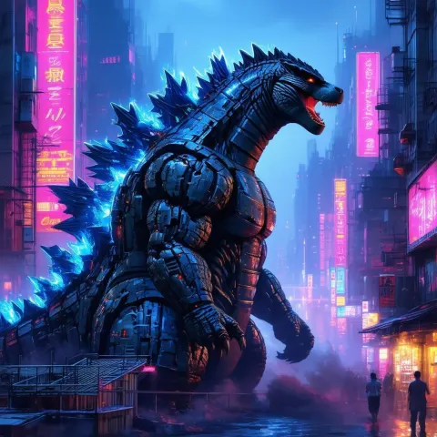 Godzilla Looms Over a Neonpunk Metropolis