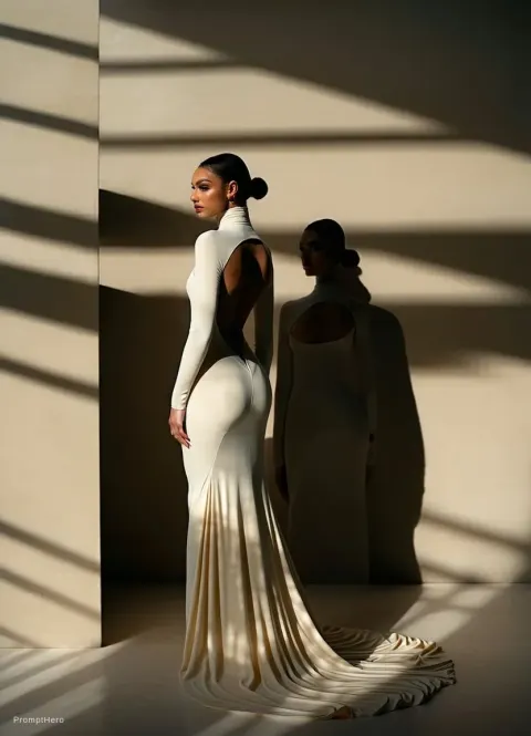 Woman Cream Dress Floor Train