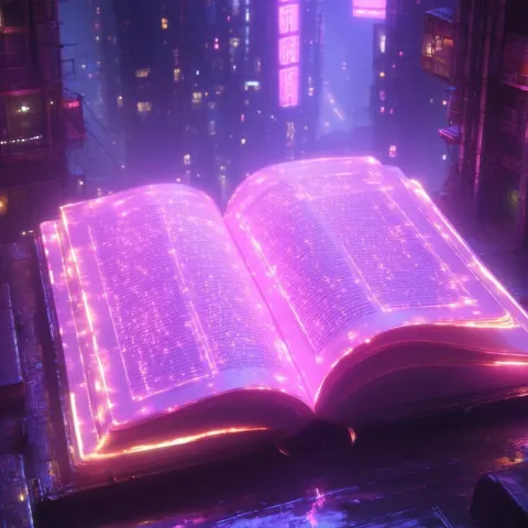 Neon Pink Tome Glowing in a Cyberpunk City