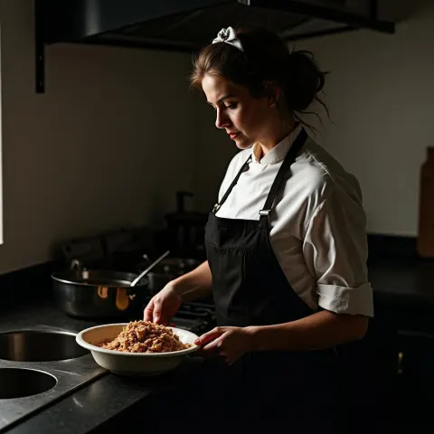 Elegant Maid in a Dramatically Lit Kitchen