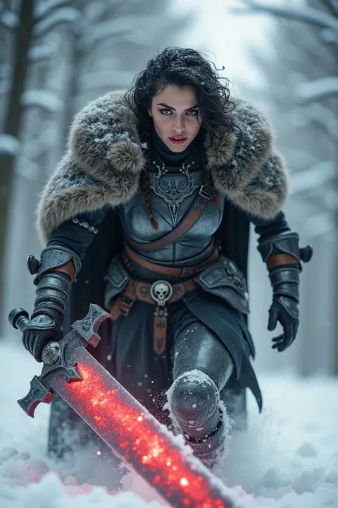 Barbarian Woman Snowy Forest Sword