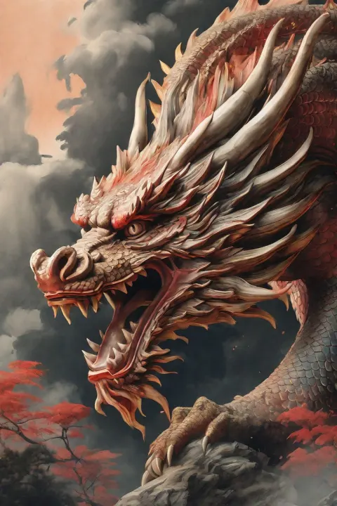 Vintage Japan Dragon Aquarell Painting