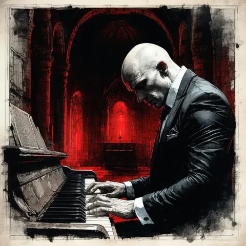 Agent 47 Plays Piano in Engraved Monastery