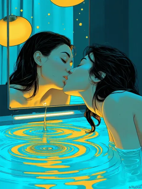 Woman Mirror Kiss Ripple Surreal