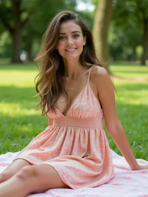 Woman Picnic Blanket Park Sundress