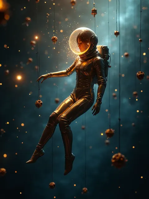 Woman Floating In Space With Stars