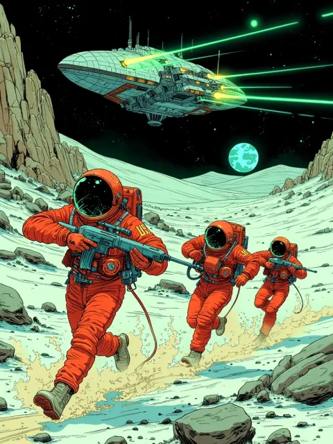 Astronauts Fleeing Alien Ship On Moon