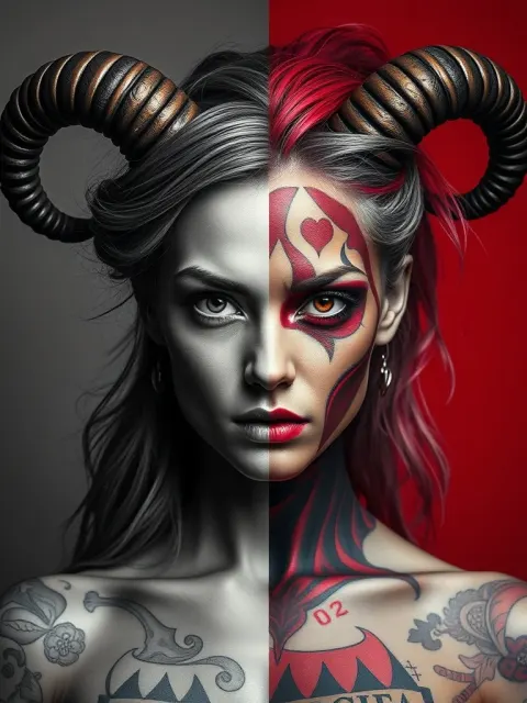 Woman Horns Split Tattoos Contrast