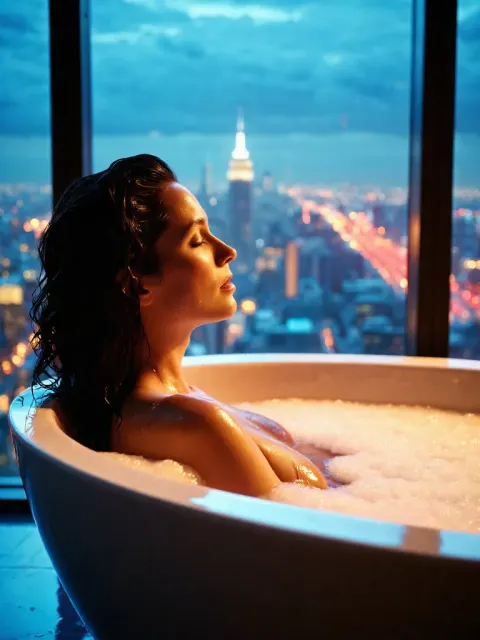Woman Bubble Bath Sunset Skyline