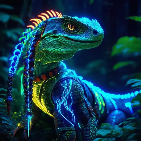 Bioluminescent Werelizard Roams the Neon Cyber Swamp