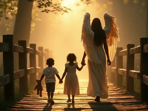 Guardian Angel Guiding Children Across Bridge