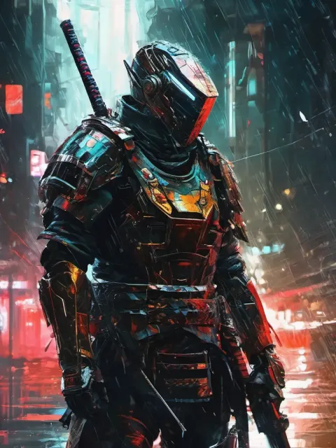 Cyborg Samurai Cyberpunk Rainy Night