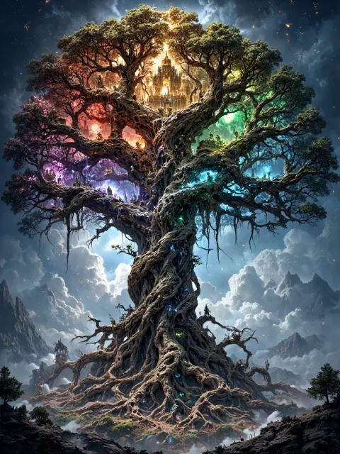 Cosmic Yggdrasil Tree Connecting Nine Realms