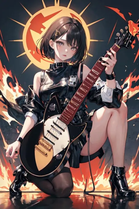 Girl Guitar Reflection Sparks Asphalt