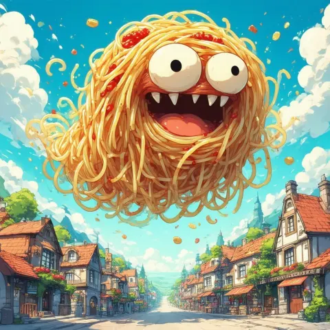 Spaghetti Monster Soars Over a Chibi Town