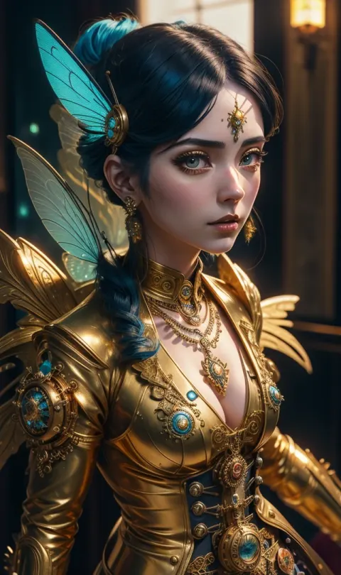 Steampunk Woman Gold Cyan Detailed