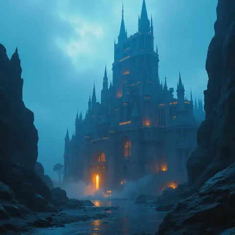 Towering Futuristic Castle in Blue and Orange