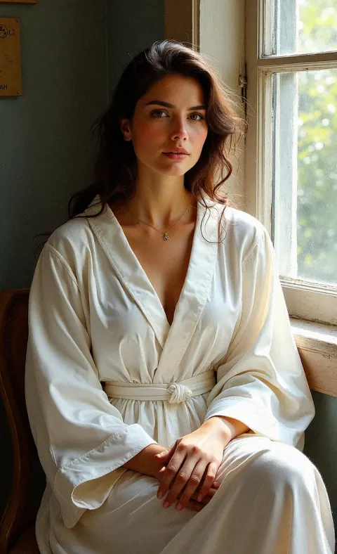 Woman Window Robe Sunlight Serene