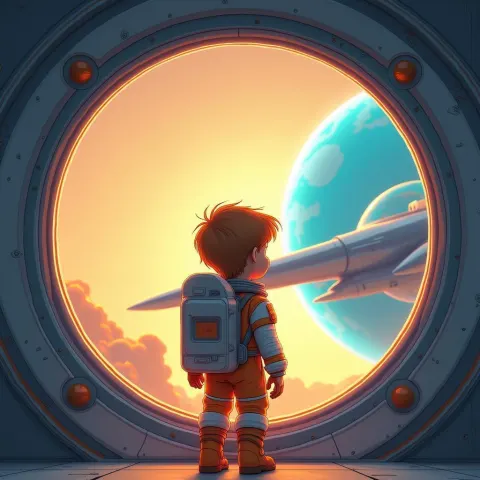 Astronaut Boy Gazes at a Glowing Blue Planet