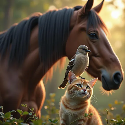 Bird Perched on Cat Beneath Watchful Horse