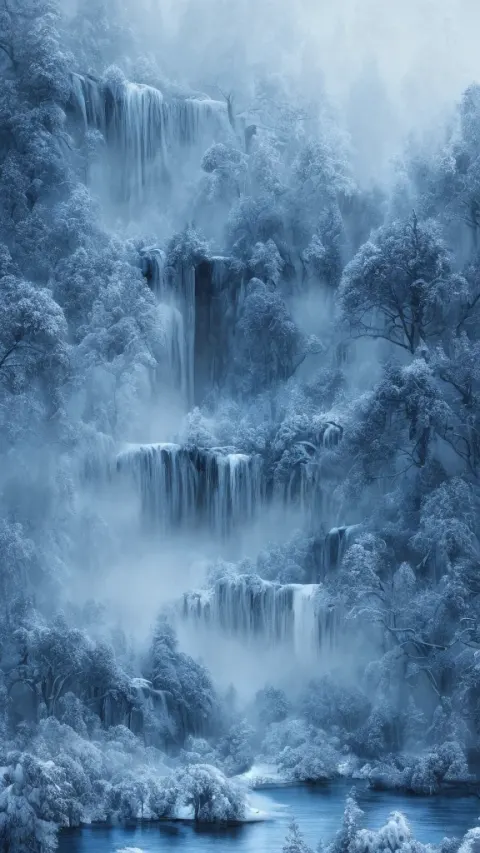 Winter Waterfall Blue Bokeh