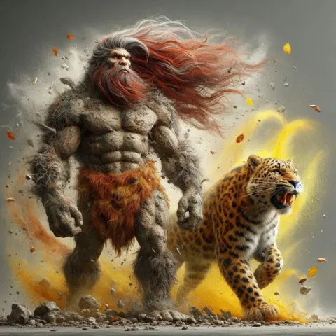 Muscular Neanderthal Man with Snow Leopard