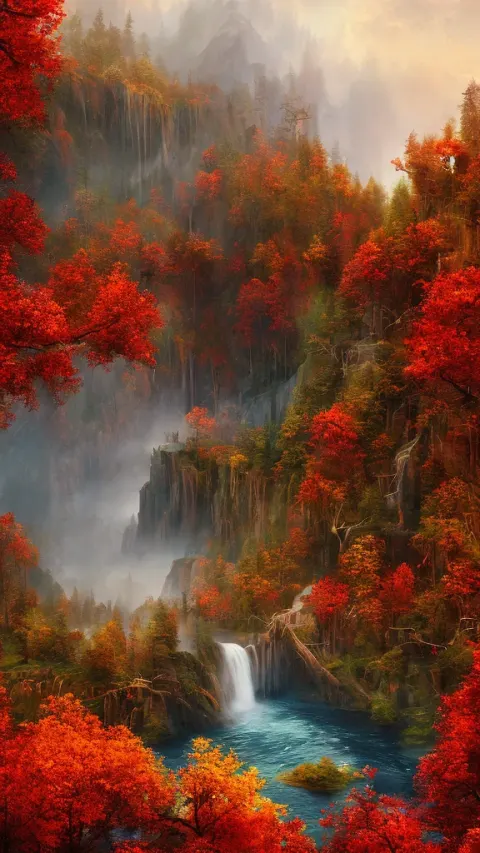 Autumn Red Waterfall Bokeh