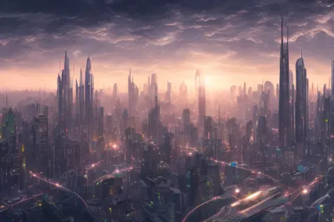 Futuristic City Skyline Sunset Spaceships