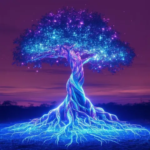 Majestic Tree Rooted in Neon Cosmos