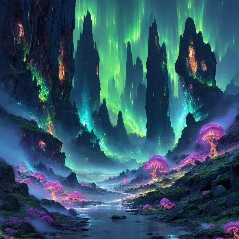 Eldritch Anime Aurora Over Misty Monoliths